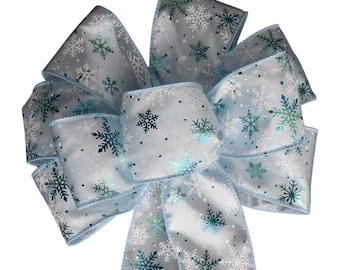 Light Blue and Aqua Snowflakes Bow - Handmade Bow - Wired Wreath Bow - Christmas Bow - Holiday Bow - Choose Sie - Home Decor