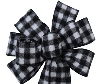 Buffalo Plaid Flannel Bow - Handmade Bow - Wired Wreath Bow - Christmas Bow - Holiday Bow - Black and White Bow - Choose Size