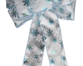 Light Blue and Aqua Snowflakes Bow - Handmade Bow - Wired Wreath Bow - Christmas Bow - Holiday Bow - Choose Sie - Home Decor