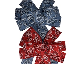 Wired Red or Blue Bandanna Wreath Bow