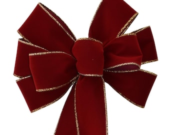 SMALL 6" Brick Red with Gold Edge Velvet Christmas Bow - Indoor/Outdoor - Wired Wreath Bow - Handmade Bow - Home Decor - Holiday Bow