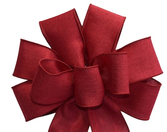 Burgundy Linen Wreath Bow - Handmade Bow - Christmas Bow - Wired Bow - Holiday Bow