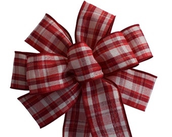 Red and Natural Plaid Bow* - Handmade Bow - Christmas Bow - Wired Wreath Bow -Choose Size - Holiday Bow - Woven Bow