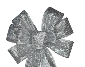 SMALL 5-6" Wired Glitter Silver Christmas Bow