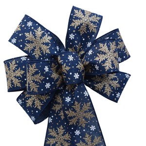 Navy Blue with Gold Snowflakes Bow - Wired Wreath Bow - Christmas Bow - Handmade Bow - Choose Size - Holiday Bow