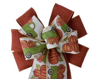 10" Wired 2-Ribbon Pumpkin Truck on Burnt Orange Ribbon Fall Wreath Bow