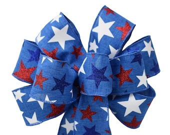 Wired Glitter Stars on Blue Ribbon Wreath Bow