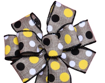 Black Yellow and White Dot Wired Wreath Bow