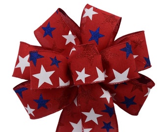 Patriotic Bow - Glitter Stars on Red Linen Bow - Wired Wreath Bow - Handmade Bow - American Flag Bow - USA - Americana - Choose SIze