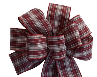 Burgundy and Natural Plaid Bow - Handmade Bow - Wreath Bow - Christmas Bow - Wired Bow - Holiday Bow