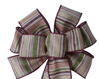 Orange and Burgundy Stripe Bow - Handmade Bow - Autumn Bow - Wired Wreath Bow - Linen Bow - Choose Size