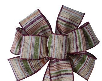 Orange and Burgundy Stripe Autumn Wired Wreath Bow