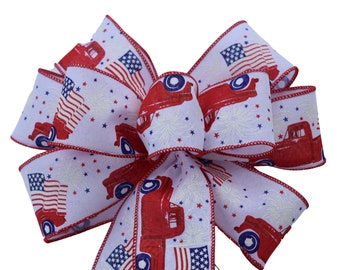Patriotic Truck with Fireworks Bow - Wired Wreath Bow - Handmade Bow - Red White Blue Bow - US Flag - Linen - Independence Day - Choose Size