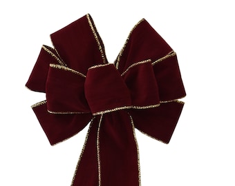 Dark Burgundy Velvet with Gold Edge Wired Christmas Bow - Handmade Bow - Outdoor Bow - Holiday Bow
