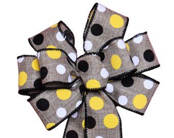Small 5-6" Black Yellow and White Dot Wired Wreath Bow