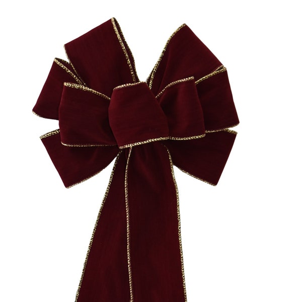 Dark Burgundy Velvet with Gold Edge Wired Christmas Bow - Handmade Bow - Outdoor Bow - Holiday Bow