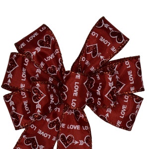 SMALL 6&quot; Valentine&#39;s Day Bow - Handmade Bow - Wired Wreath Bow - Glitter Hearts on Red Bow - Love Bow - Linen Bow