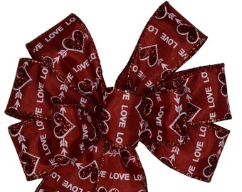 SMALL 6" Valentine's Day Bow - Handmade Bow - Wired Wreath Bow - Glitter Hearts on Red Bow - Love Bow - Linen Bow