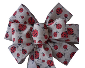 Ladybugs on Natural Linen Wired Wreath Bow