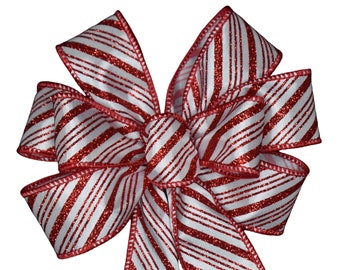 Red and White Glitter Stripe Bow - Handmade Bow - Wired Wreath Bow - Holiday Bow - Choose Size