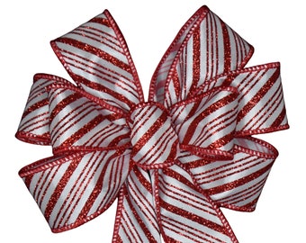 Red and White Glitter Stripe Wired Holiday Bow