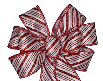 SMALL 5-6" Red and White Glitter Christmas Wired Wreath Bow