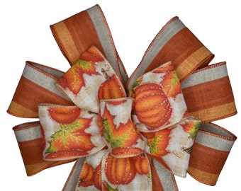 10" Wired 2-Ribbon Pumpkin on Stripe Ribbon Fall Wreath Bow