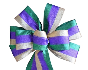 Mardi Gras Bow- Glitter Purple Green Gold Stripe -  Wired Wreath Bow