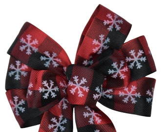 SMALL 6" Red and Green Snowflake Bow - Handmade Bow - Christmas Bow - Wired Wreath Bow - Holiday Bow