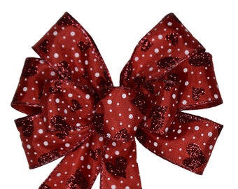 SMALL6" Valentine's Day Bow - Handmade Bow -  Wired Wreath Bow - Glitter Hearts on Red Ribbon - Linen Bow