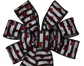 Small 5-6" Valentine's Day Wired Wreath Bow - Glitter Hearts on Black and White Stripe Ribbon