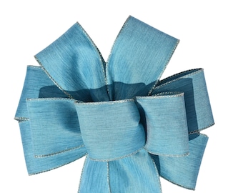 Light Blue with Silver Edge Bow - Handmade Bow - Holiday Bow - Wired Wreath Bow - Linen Bow - Choose Size - Christmas Bow