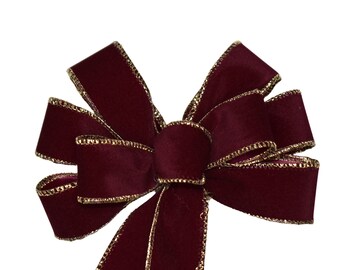 SMALL 5-6" Wired Deep Burgundy with Gold Edge Velvet Christmas Bow - Indoor/Outdoor