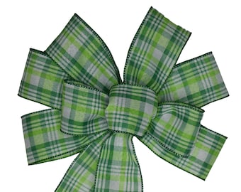 Green and White Plaid Bow - Handmade Bow - Wired Wreath Bow - St. Patrick's Day Bow - Choose Size