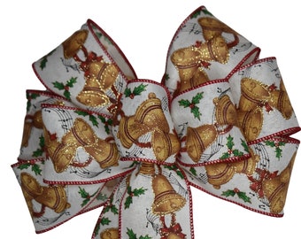 Christmas Bells Bow - Handmade Bow - Holiday Bow - Wired Wreath Bow - Gold and Red Bow - Music B