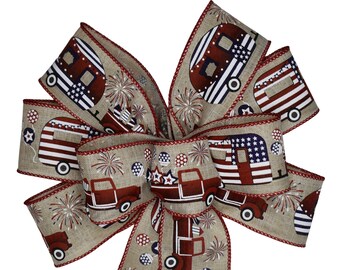 Patriotic Truck and Camper Bow - Handmade Bow - Independence Day -  Red White Blue Bow - Wired Wreath Bow -Patriotic Bow - American Flag Bow