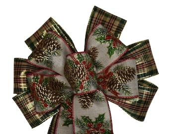 2-Ribbon Plaid with Pine Cones Christmas Wired Wreath Bow