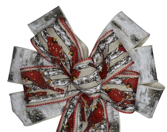 10" wide 2-Ribbon Cardinal on Birch Bark Bow - Handmade Bow - Linen Bow - Christmas Bow - Wired Wreath Bow - Red Bird Bow - Holiday Bow