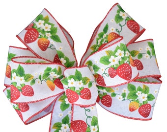 Strawberry Bow - Handmade Bow - Wired Wreath Bow - Fruit Bow - Spring Bow - Red Berries on White Linen Bow - Choose Size