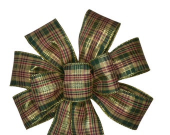 Red, Tan and Green Metallic Plaid Bow - Handmade Bow - Christmas Bow - Wired Wreath Bow - Holiday Bow - Woven Bow - Home Decor - Gold