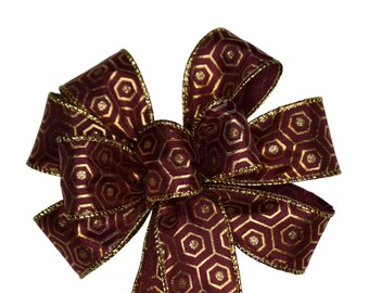 SMALL 6" Burgundy and Gold Bow - Handmade - Wired Wreath Bow - Christmas Bow - Dark Red Bow - Holiday Bow