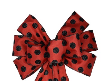 Wired Red with Black Dots on Satin Wreath Bow