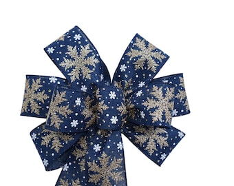 Gold Snowflakes on Navy Blue Ribbon Wired Holiday Bow