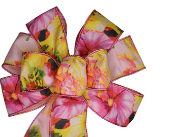 Pink Floral Bow - Handmade Bow -  Wired Wreath Bow - Spring Bow - Easter Bow - Summer Bow - Choose Size - Home Decor - Flower Bow