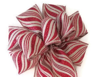 Natural Red Peppermint Glitter Swirl Christmas Bow - Wired Bow - Handmade Bow - Wreath Bow - Holiday Bow