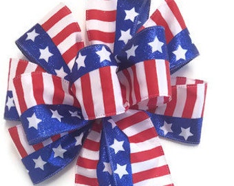 Patriotic Bow - Handmade Bow - American Flag Bow - Wired Wreath Bow - July 4 - Choose Size - Indoor and Outdoor Bow