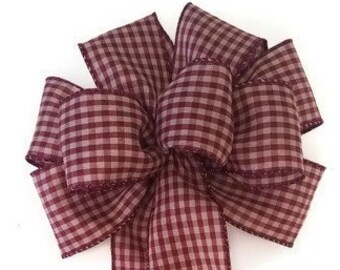 Natural Burgundy Check Bow - Handmade Bow - Wired Bow - Wreath Bow - Christmas Bow - Holiday Bow