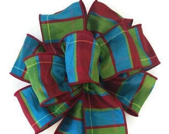 Red, Lime Green & Aqua Blue Stripe Christmas Bow - Wired Bow - Holiday Bow