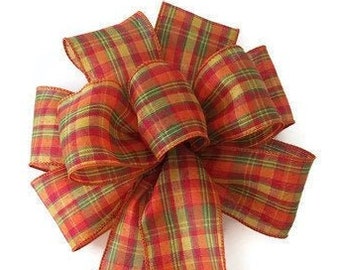 Orange & Yellow Plaid Bow - Handmade Bow - Autumn Bow - Fall Bow - Wired Wreath Bow - Woven Bow - Thanksgiving Bow