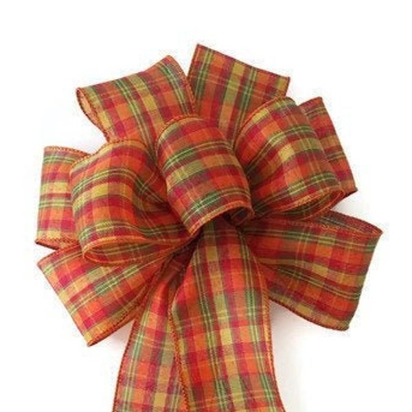 Orange & Yellow Plaid Autumn Wired Wreath Bow